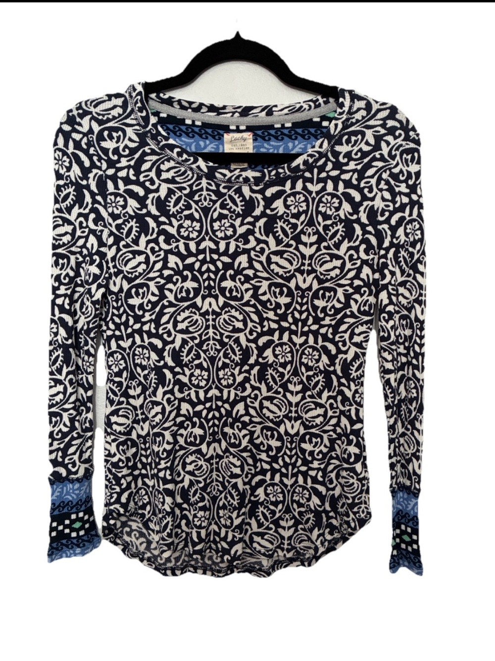 Lucky Brand Navy and White Patterned Long-Sleeve Top